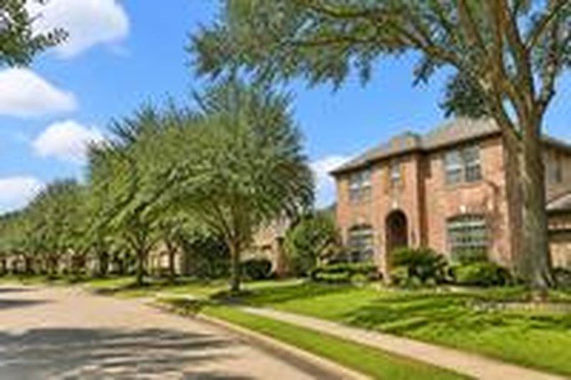 A tree-lined residential street with brick homes